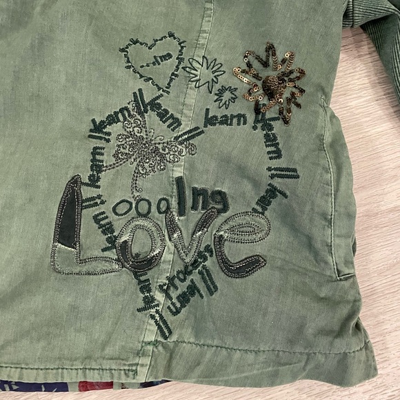 Desigual- Green Zip up Cowl Neck Designer Floral & Embellished Jacket. - Picture 6 of 15